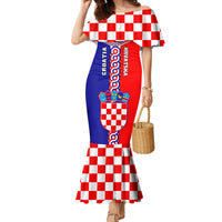 Women's off-shoulder mermaid dress with red check print and Croatia crest panel