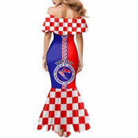 Women's off-shoulder mermaid dress with checkered red/white skirt and crest graphic