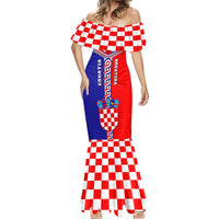 Women's off-shoulder mermaid dress with red/white check hem and blue-red crest panel
