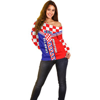 Custom Croatia Off Shoulder Sweater Hrvatska Interlace With Coat Of Arms - Wonder Print Shop