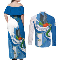 Guatemala Couples Matching Off Shoulder Maxi Dress and Long Sleeve Button Shirts Guatemalan Quetzal With Coat of Arms - Wonder Print Shop