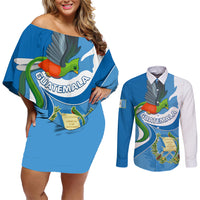 Guatemala Couples Matching Off Shoulder Short Dress and Long Sleeve Button Shirts Guatemalan Quetzal With Coat of Arms - Wonder Print Shop