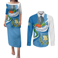 Guatemala Couples Matching Puletasi Dress and Long Sleeve Button Shirts Guatemalan Quetzal With Coat of Arms - Wonder Print Shop