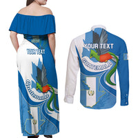 Personalised Guatemala Couples Matching Off Shoulder Maxi Dress and Long Sleeve Button Shirts Guatemalan Quetzal With Coat of Arms - Wonder Print Shop