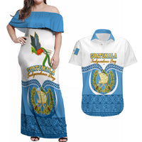 Guatemala Independence Day Couples Matching Off Shoulder Maxi Dress and Hawaiian Shirt Guatemalan Coat of Arms Mix Maya Pattern - Wonder Print Shop