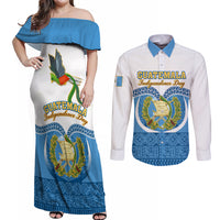 Guatemala Independence Day Couples Matching Off Shoulder Maxi Dress and Long Sleeve Button Shirts Guatemalan Coat of Arms Mix Maya Pattern - Wonder Print Shop