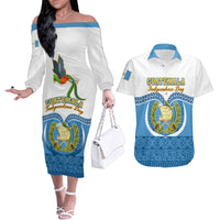 Guatemala Independence Day Couples Matching Off The Shoulder Long Sleeve Dress and Hawaiian Shirt Guatemalan Coat of Arms Mix Maya Pattern - Wonder Print Shop