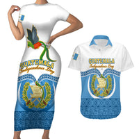 Guatemala Independence Day Couples Matching Short Sleeve Bodycon Dress and Hawaiian Shirt Guatemalan Coat of Arms Mix Maya Pattern - Wonder Print Shop