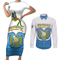 Guatemala Independence Day Couples Matching Short Sleeve Bodycon Dress and Long Sleeve Button Shirts Guatemalan Coat of Arms Mix Maya Pattern - Wonder Print Shop