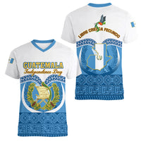 Guatemala Independence Day Women V Neck T Shirt Guatemalan Coat of Arms Mix Maya Pattern - Wonder Print Shop