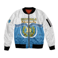 Personalised Guatemala Independence Day Sleeve Zip Bomber Jacket Guatemalan Coat of Arms Mix Maya Pattern - Wonder Print Shop