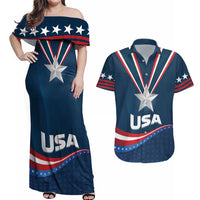 Custom USA Star Medal Couples Matching Off Shoulder Maxi Dress and Hawaiian Shirt United States of America Champion - Wonder Print Shop