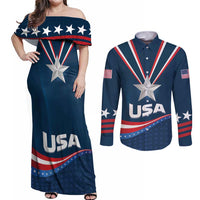 Custom USA Star Medal Couples Matching Off Shoulder Maxi Dress and Long Sleeve Button Shirt United States of America Champion - Wonder Print Shop