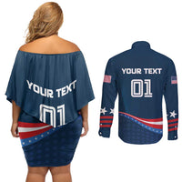Custom USA Star Medal Couples Matching Off Shoulder Short Dress and Long Sleeve Button Shirt United States of America Champion - Wonder Print Shop