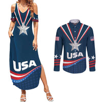 Custom USA Star Medal Couples Matching Summer Maxi Dress and Long Sleeve Button Shirt United States of America Champion - Wonder Print Shop