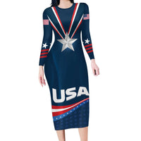 Custom USA Star Medal Long Sleeve Bodycon Dress United States of America Champion - Wonder Print Shop