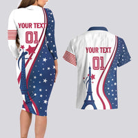 Custom USA Eiffel Tower Couples Matching Long Sleeve Bodycon Dress and Hawaiian Shirt One Nation One Team - Wonder Print Shop