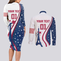 Custom USA Eiffel Tower Couples Matching Long Sleeve Bodycon Dress and Long Sleeve Button Shirt One Nation One Team - Wonder Print Shop