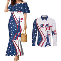 Custom USA Eiffel Tower Couples Matching Mermaid Dress and Long Sleeve Button Shirt One Nation One Team
