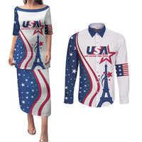 Custom USA Eiffel Tower Couples Matching Puletasi and Long Sleeve Button Shirt One Nation One Team - Wonder Print Shop