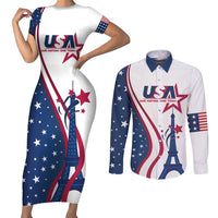 Custom USA Eiffel Tower Couples Matching Short Sleeve Bodycon Dress and Long Sleeve Button Shirt One Nation One Team - Wonder Print Shop