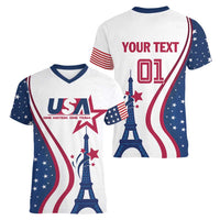 Custom USA Eiffel Tower Women V-Neck T-Shirt One Nation One Team - Wonder Print Shop