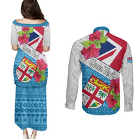 Personalised Fiji Day Couples Matching Puletasi Dress and Long Sleeve Button Shirts Fijian Hibiscus Special Version - Wonder Print Shop