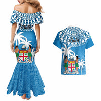 Fiji Couples Matching Mermaid Dress and Hawaiian Shirt Bula Fijian Tapa Pattern - Wonder Print Shop