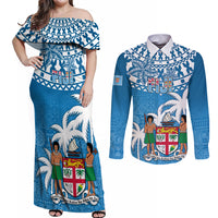 Fiji Couples Matching Off Shoulder Maxi Dress and Long Sleeve Button Shirts Bula Fijian Tapa Pattern - Wonder Print Shop