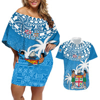 Fiji Couples Matching Off Shoulder Short Dress and Hawaiian Shirt Bula Fijian Tapa Pattern - Wonder Print Shop
