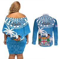 Fiji Couples Matching Off Shoulder Short Dress and Long Sleeve Button Shirts Bula Fijian Tapa Pattern - Wonder Print Shop