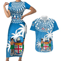 Fiji Couples Matching Short Sleeve Bodycon Dress and Hawaiian Shirt Bula Fijian Tapa Pattern - Wonder Print Shop