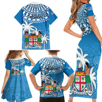 Fiji Family Matching Short Sleeve Bodycon Dress and Hawaiian Shirt Bula Fijian Tapa Pattern - Wonder Print Shop