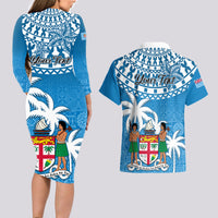 Personalised Fiji Couples Matching Long Sleeve Bodycon Dress and Hawaiian Shirt Bula Fijian Tapa Pattern - Wonder Print Shop
