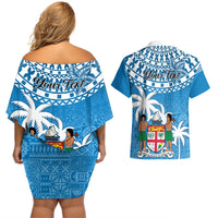 Personalised Fiji Couples Matching Off Shoulder Short Dress and Hawaiian Shirt Bula Fijian Tapa Pattern - Wonder Print Shop