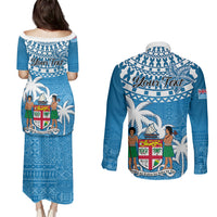 Personalised Fiji Couples Matching Puletasi Dress and Long Sleeve Button Shirts Bula Fijian Tapa Pattern - Wonder Print Shop