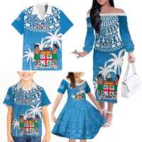 Personalised Fiji Family Matching Off Shoulder Long Sleeve Dress and Hawaiian Shirt Bula Fijian Tapa Pattern - Wonder Print Shop