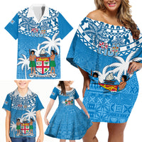 Personalised Fiji Family Matching Off Shoulder Short Dress and Hawaiian Shirt Bula Fijian Tapa Pattern - Wonder Print Shop