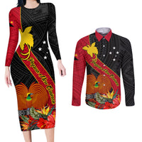 Papua New Guinea Couples Matching Long Sleeve Bodycon Dress and Long Sleeve Button Shirts Bird Of Paradise With Tropical Flower - Wonder Print Shop