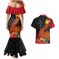 Papua New Guinea Couples Matching Mermaid Dress and Hawaiian Shirt Bird Of Paradise With Tropical Flower - Wonder Print Shop