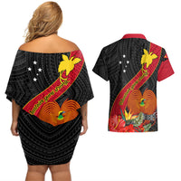 Papua New Guinea Couples Matching Off Shoulder Short Dress and Hawaiian Shirt Bird Of Paradise With Tropical Flower - Wonder Print Shop