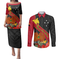 Papua New Guinea Couples Matching Puletasi Dress and Long Sleeve Button Shirts Bird Of Paradise With Tropical Flower - Wonder Print Shop