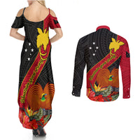 Papua New Guinea Couples Matching Summer Maxi Dress and Long Sleeve Button Shirts Bird Of Paradise With Tropical Flower - Wonder Print Shop