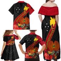 Papua New Guinea Family Matching Off Shoulder Long Sleeve Dress and Hawaiian Shirt Bird Of Paradise With Tropical Flower - Wonder Print Shop