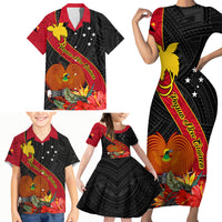 Papua New Guinea Family Matching Short Sleeve Bodycon Dress and Hawaiian Shirt Bird Of Paradise With Tropical Flower - Wonder Print Shop