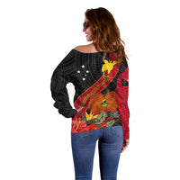 Papua New Guinea Off Shoulder Sweater Bird Of Paradise With Tropical Flower - Wonder Print Shop