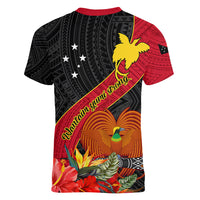 Papua New Guinea Women V Neck T Shirt Bird Of Paradise With Tropical Flower - Wonder Print Shop