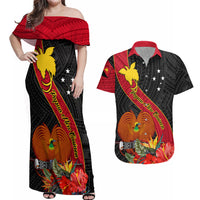 Personalised Papua New Guinea Couples Matching Off Shoulder Maxi Dress and Hawaiian Shirt Bird Of Paradise With Tropical Flower - Wonder Print Shop