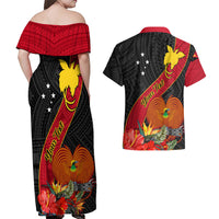 Personalised Papua New Guinea Couples Matching Off Shoulder Maxi Dress and Hawaiian Shirt Bird Of Paradise With Tropical Flower - Wonder Print Shop