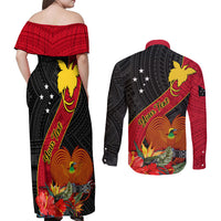 Personalised Papua New Guinea Couples Matching Off Shoulder Maxi Dress and Long Sleeve Button Shirts Bird Of Paradise With Tropical Flower - Wonder Print Shop